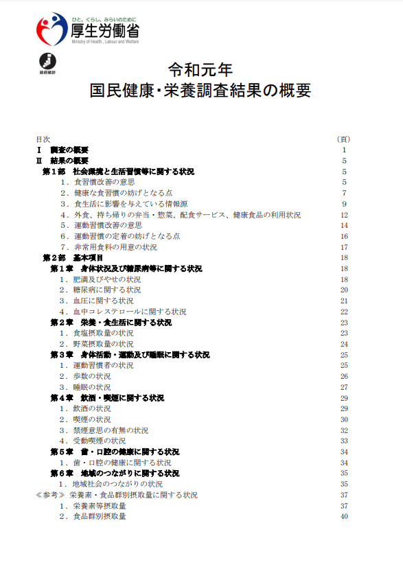 厚生労働省　令和元年　国民健康・栄養調査結果の概要
目次ページ